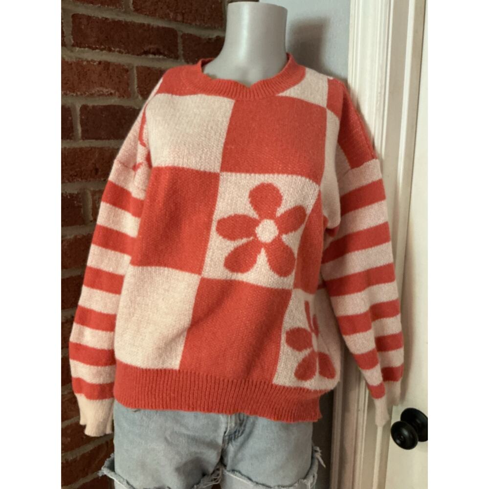 Liam & Co Daisy Checkerboard Sweater Groovy Retro Cottagecore Medium Hippie